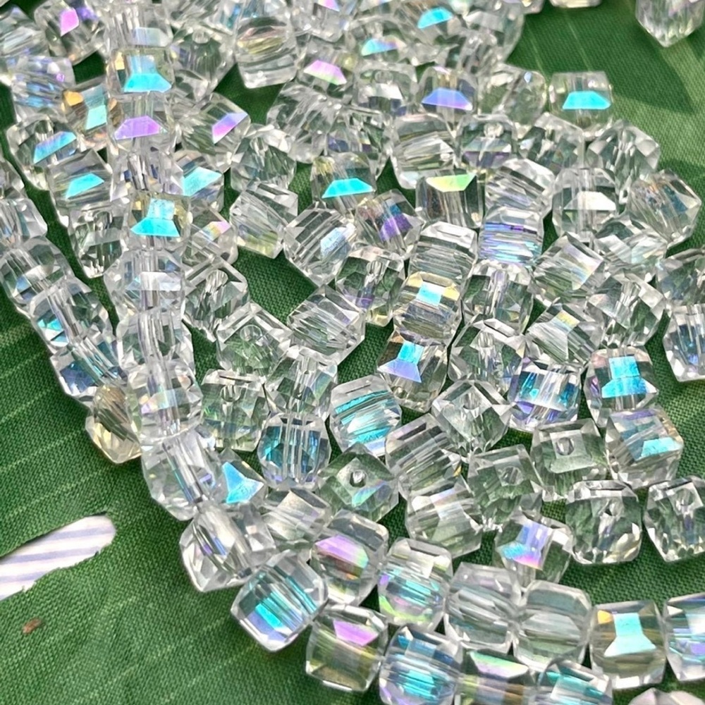 50 Austrian Crystal Cube Beads Clear AB Iridescent Jewelry Making DIY CRAFTS LOT